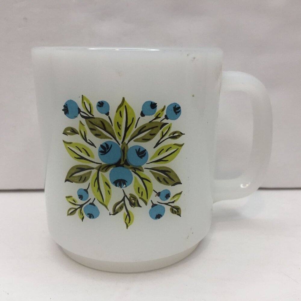 Vintage White Avocado Green Yellow Blue Retro 70's Coffee Mug Cup Leaves Berries